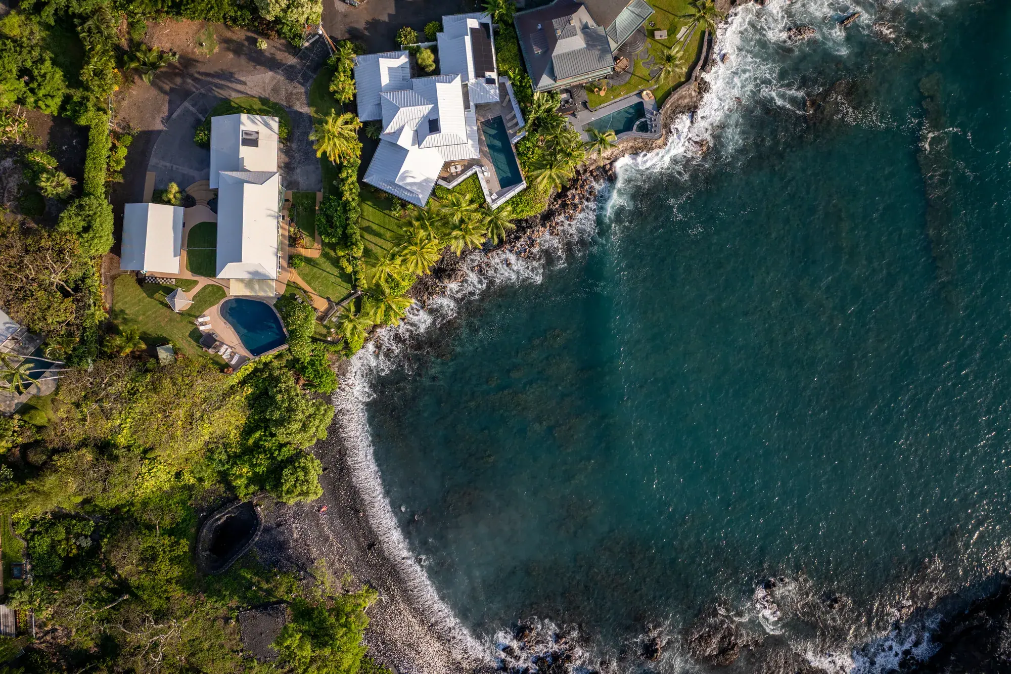 Aerial view of a rocky Kona shoreline